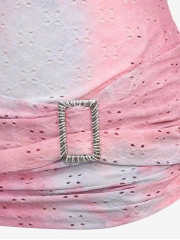 Plus Size Flutter Sleeve Laser Cut Floral Cinched Side Ruched Buckle Tie Dye Ombre Lace Trim 2 in 1 Top