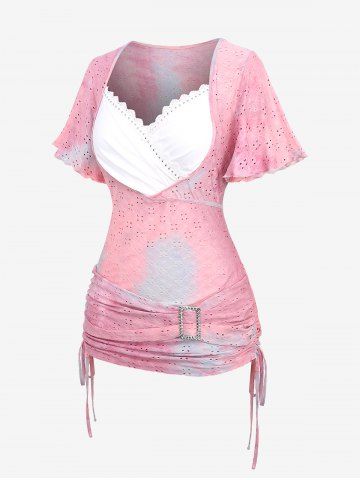 Plus Size Flutter Sleeve Laser Cut Floral Cinched Side Ruched Buckle Tie Dye Ombre Lace Trim 2 in 1 Top