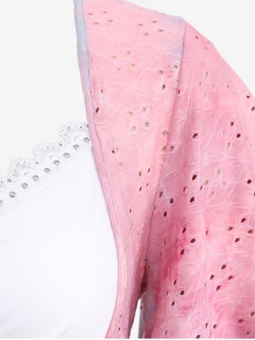 Plus Size Flutter Sleeve Laser Cut Floral Cinched Side Ruched Buckle Tie Dye Ombre Lace Trim 2 in 1 Top