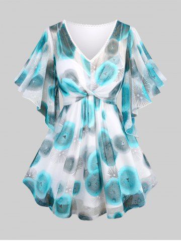 Plus Size Jellyfish Print Lace Trim Ruched Twist Butterfly Sleeve Top - LIGHT BLUE - M | US 10