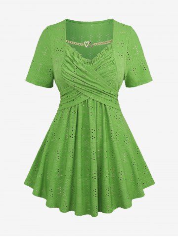 Plus Size Heart Chain Panel Ruffles Surplice Broderie Anglaise Hollow Out Top - GREEN - M | US 10