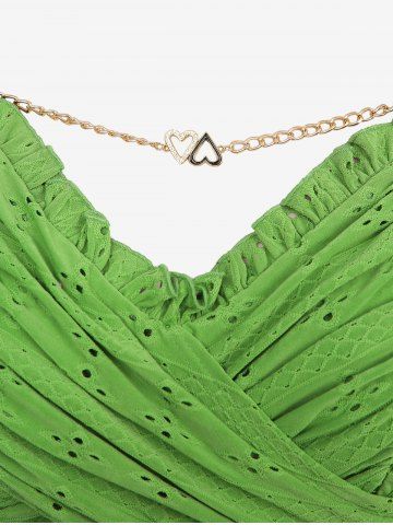 Plus Size Heart Chain Panel Ruffles Surplice Broderie Anglaise Hollow Out Top