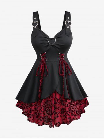 Plus Size Floral Flocking Tulip Hem Layered Ruffles Lace Up Ruched Heart Buckles Tank Top - DEEP RED - 5X | US 30-32