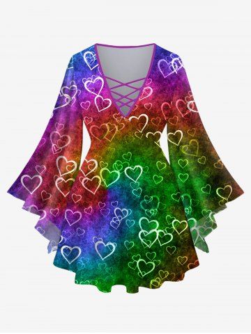 Plus Size Flare Sleeves Heart Ombre Colorblock Print Valentines Lattice Top - MULTI-A - XS