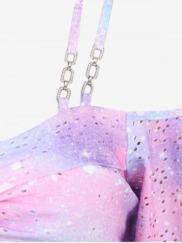 Plus Size Ombre Tie Dye Galaxy Moon Star Print Twist Chains Hollow Out Cold Shoulder Top