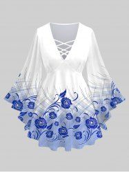 Plus Size Plaid Rose Flowers Colorblock Print Lattice Crisscross Flare Sleeve Top -  