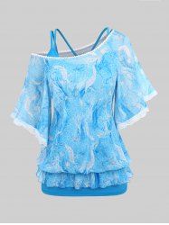 Plus Size Solid Crisscross Cami Top and Skew Neck Flutter Sleeves Lace Trim Floral Feather Print Mesh Ruffles Layered T-shirt Set -  