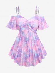 Plus Size Ombre Tie Dye Galaxy Moon Star Print Twist Chains Hollow Out Cold Shoulder Top -  