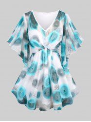 Plus Size Jellyfish Print Lace Trim Ruched Twist Butterfly Sleeve Top -  