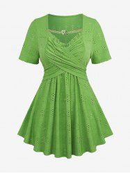 Plus Size Heart Chain Panel Ruffles Surplice Broderie Anglaise Hollow Out Top -  