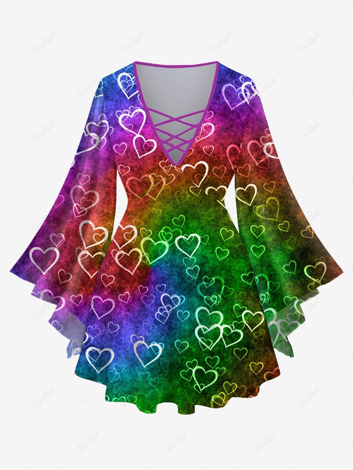 Best Plus Size Flare Sleeves Heart Ombre Colorblock Print Valentines Lattice Top  