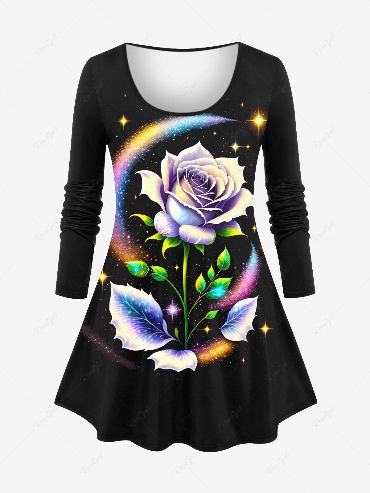 Chic Plus Size Colorful Glitter Rose Flower Leaf Galaxy Stars Aurora Print Valentines Long Sleeves T-shirt  
