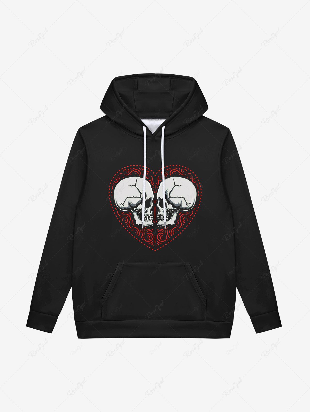 Store Gothic Valentine's Day Heart Skulls Print Pockets Fleece Lining Drawstring Hoodie For Men  