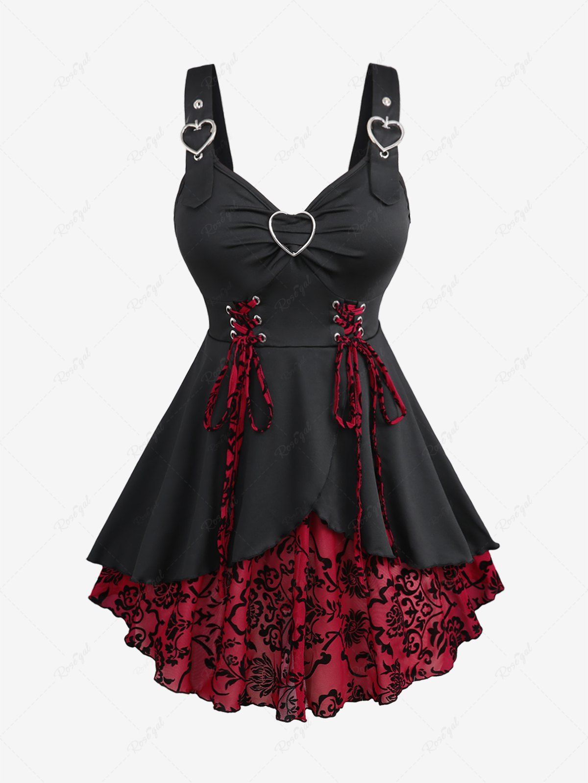 Outfit Plus Size Floral Flocking Tulip Hem Layered Ruffles Lace Up Ruched Heart Buckles Tank Top  