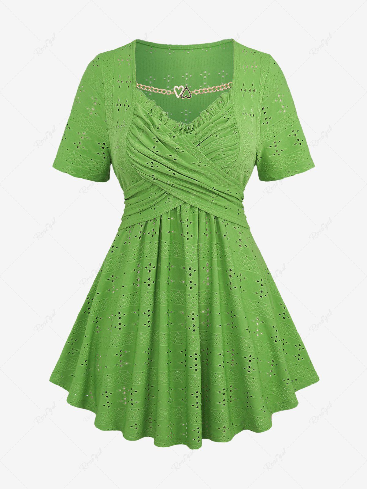 Shops Plus Size Heart Chain Panel Ruffles Surplice Broderie Anglaise Hollow Out Top  