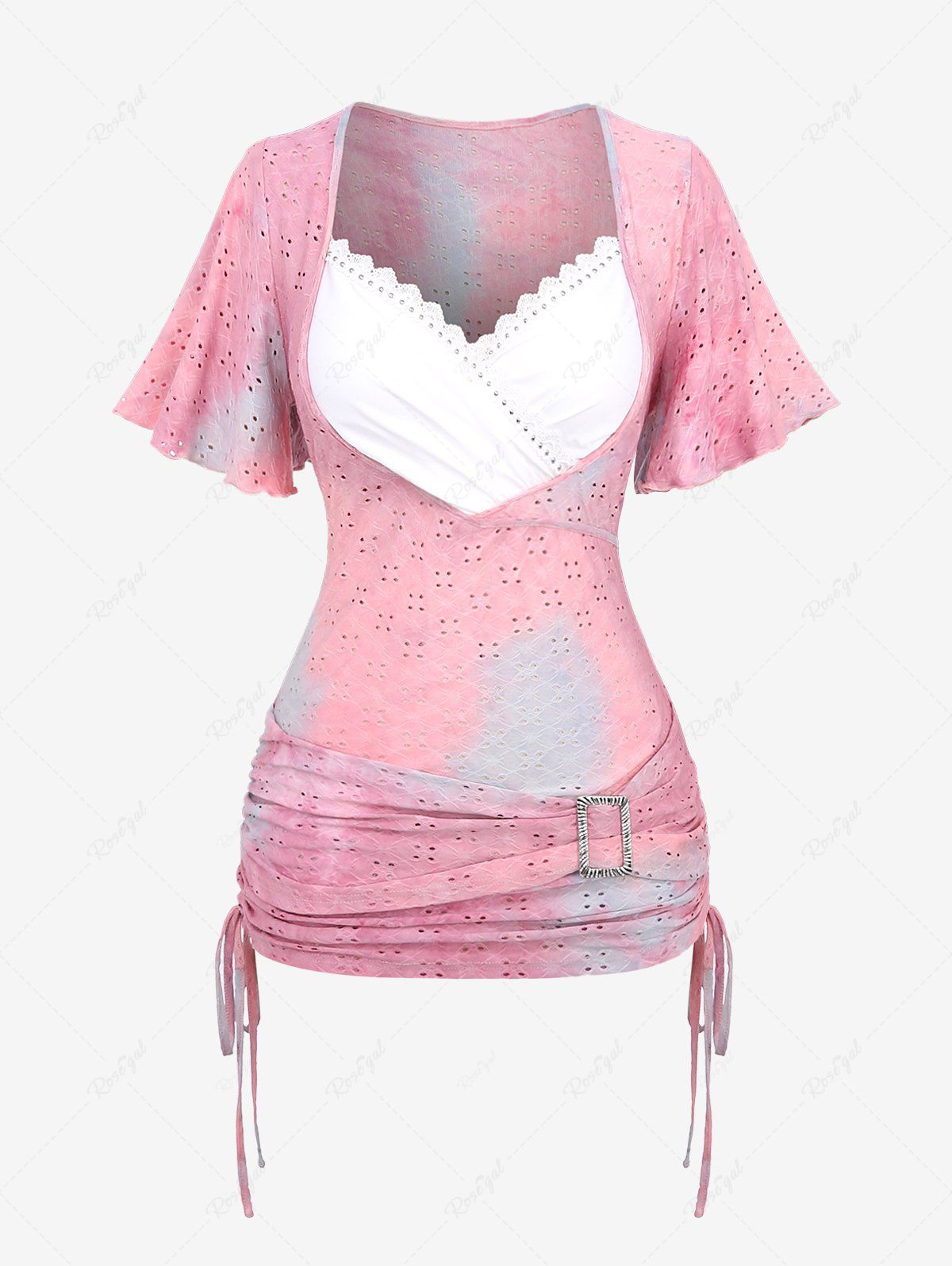 Outfits Plus Size Flutter Sleeve Laser Cut Floral Cinched Side Ruched Buckle Tie Dye Ombre Lace Trim 2 in 1 Top  