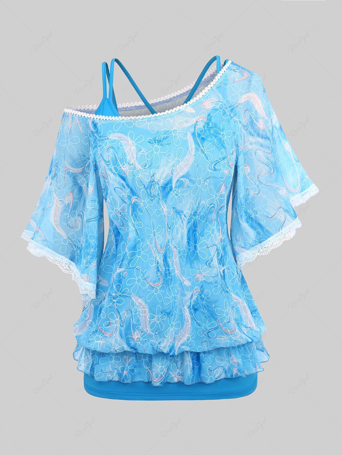 Sale Plus Size Solid Crisscross Cami Top and Skew Neck Flutter Sleeves Lace Trim Floral Feather Print Mesh Ruffles Layered T-shirt Set  