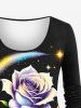 Plus Size Colorful Glitter Rose Flower Leaf Galaxy Stars Aurora Print Valentines Long Sleeves T-shirt -  