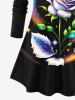 Plus Size Colorful Glitter Rose Flower Leaf Galaxy Stars Aurora Print Valentines Long Sleeves T-shirt -  