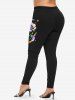 Plus Size Colorful Glitter Rose Flower Leaf Galaxy Stars Aurora Print Valentines Skinny Leggings -  