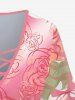 Plus Size Flare Sleeves Rose Flower Leaf Print Ombre Lattice Valentines Top -  