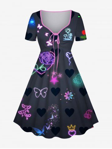 Plus Size Glitter Heart Wing Butterfly Rose Flower Crown Cherry Stars Print Cinched Valentines A Line Dress - BLACK - S
