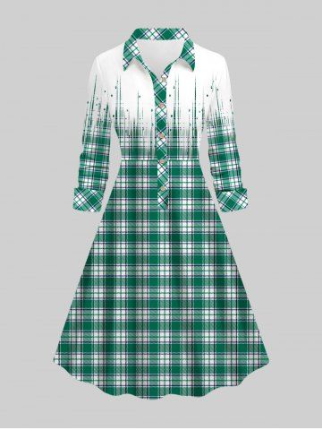 Plus Size Turn-down Collar Asymmetric Plaid Print Half Buttons Shirted A Line Dress - GREEN - XS