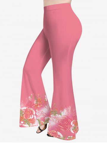 Plus Size Rose Flower Leaf Print Valentines Ombre Pull On Flare Pants - LIGHT PINK - S