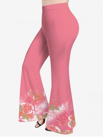 Pantalon Évasé Ombré à Imprimé Roses et Feuilles Grande-Taille - LIGHT PINK - S