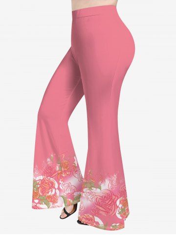 Plus Size Rose Flower Leaf Print Valentines Ombre Pull On Flare Pants - LIGHT PINK - M