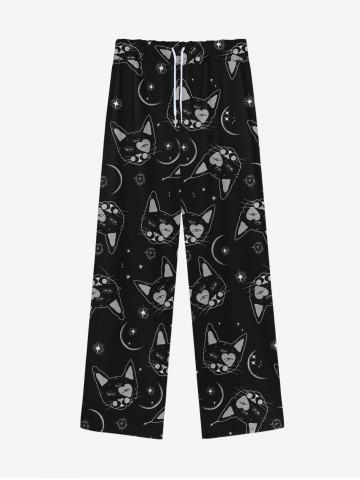 Gothic Cats Moon Stars Print Wide Leg Drawstring Sweatpants For Men - BLACK - 3XL