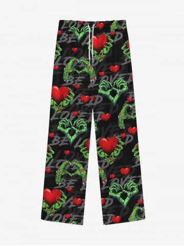 Gothic Valentine's Day Heart Claw Print Wide Leg Drawstring Sweatpants For Men - BLACK - 3XL