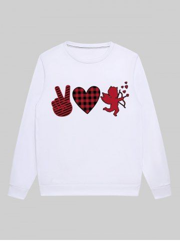 Gothic Plaid Heart Victory Gesture Cupid Print Fleece Lining Sweatshirt For Men - WHITE - L