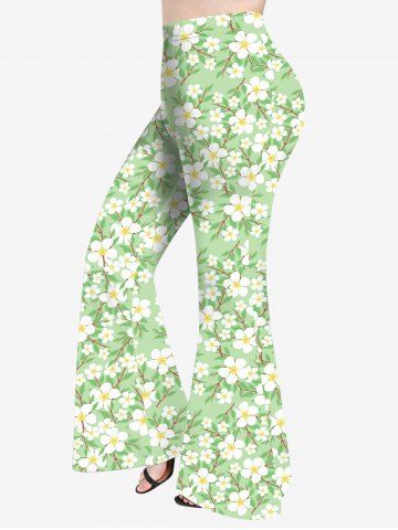 Plus Size Peach Blossom Flowers Print Flare Pants - GREEN - 1X