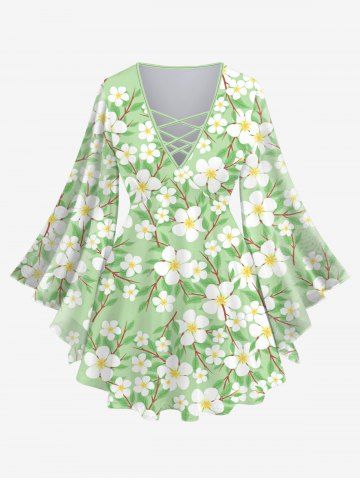 Plus Size Peach Blossom Flowers Leaf Print Lattice Crisscross Flare Sleeve Top - GREEN - XS