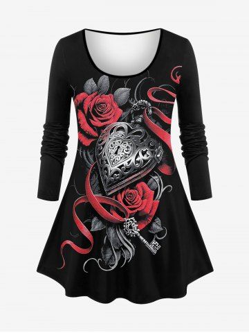 Plus Size Valentine's Day Rose Flower Ribbons Heart Pendant 3D Print Long Sleeve T-shirt - BLACK - S