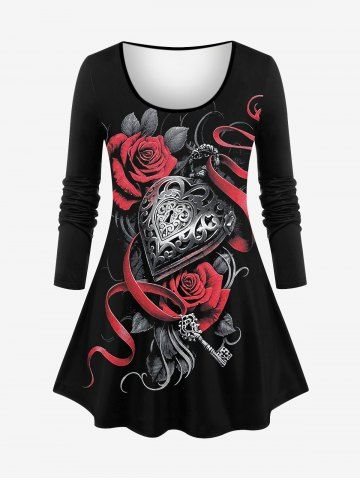 Plus Size Valentine's Day Rose Flower Ribbons Heart Pendant 3D Print Long Sleeve T-shirt - BLACK - 4X