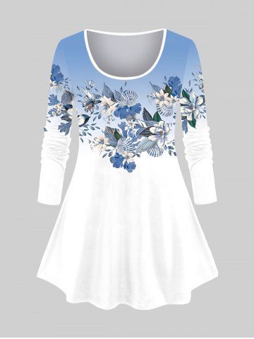 Plus Size Ombre Colorblock Flowers Leaf Print Long Sleeve T-shirt - BLUE - XS