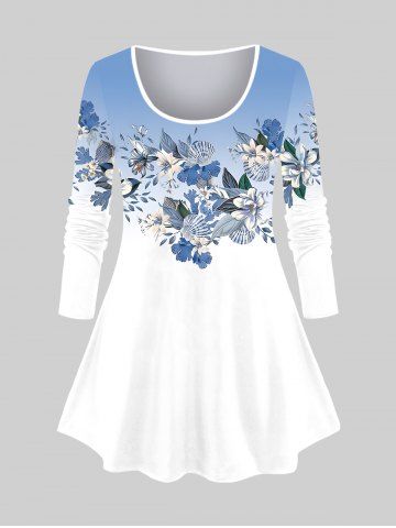 Plus Size Ombre Colorblock Flowers Leaf Print Long Sleeve T-shirt - BLUE - 2X