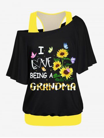 Plus Size Solid Racerback Tank Top and Sunflower Butterfly Letter Print Skew Neck Batwing Sleeves T-shirt Set - BLACK - XS