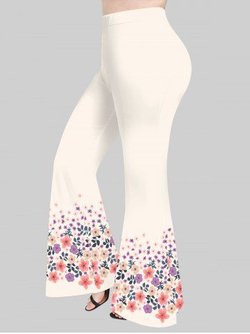 Plus Size Colorful Peach Blossom Flowers Leaf Print Flare Pants - MULTI-A - S