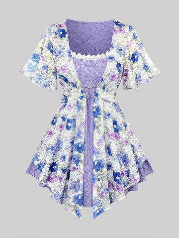 Plus Size Colorful Floral Printed Mesh Heart Buckle Lace Trim Heathered Layered 2 in 1 Flutter Sleeves T-shirt - PURPLE - L | US 12