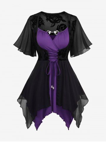 Plus Size Rose Flower Flocking Lace-up Heart Buckle Panel Surplice Ruched Lace Trim Sheer Layered Asymmetrical 2 In 1 Top - BLACK - M | US 10