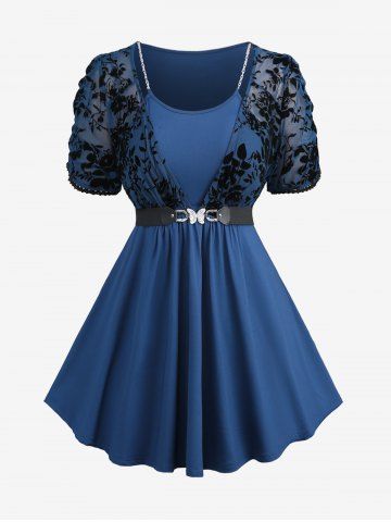 Plus Size Flower Leaf Flocking Mesh Chains Lace Trim Top With Butterfly Buckle Belt - DEEP BLUE - 4X | US 26-28