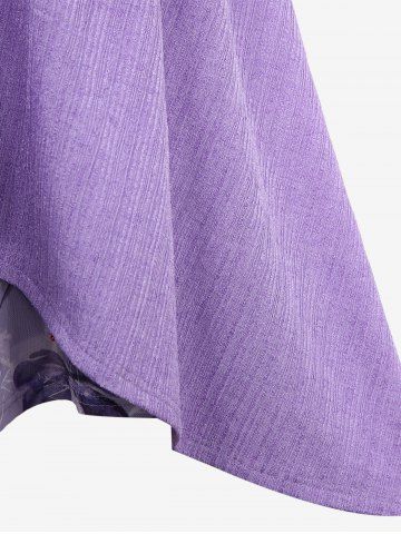 Plus Size Lace Trim Ruched Flower Print Mesh Patchwork Moon Buckle Belted High Low 2 In 1 Dress
