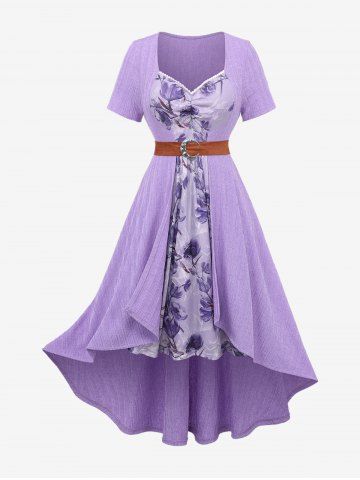 Plus Size Lace Trim Ruched Flower Print Mesh Patchwork Moon Buckle Belted High Low 2 In 1 Dress - PURPLE - L | US 12
