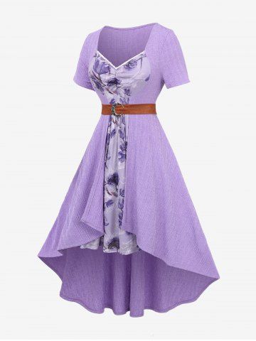 Plus Size Lace Trim Ruched Flower Print Mesh Patchwork Moon Buckle Belted High Low 2 In 1 Dress