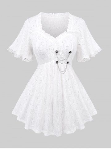 Plus Size Valentine's Day Pointelle Hollow Out Heart Lace Trim Ruffles Bowknot Buttons Chains Panel Top - WHITE - M | US 10