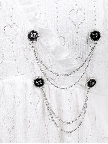 Plus Size Valentine's Day Pointelle Hollow Out Heart Lace Trim Ruffles Bowknot Buttons Chains Panel Top