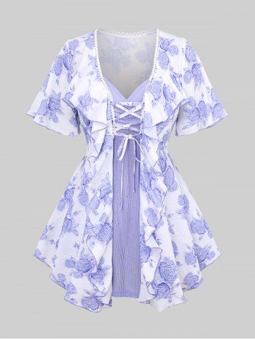 Plus Size Rose Flower Print Lace Trim Lace-up Ruffles Blouse and Ruched Ribbed Textured Cami Top - PURPLE - M | US 10